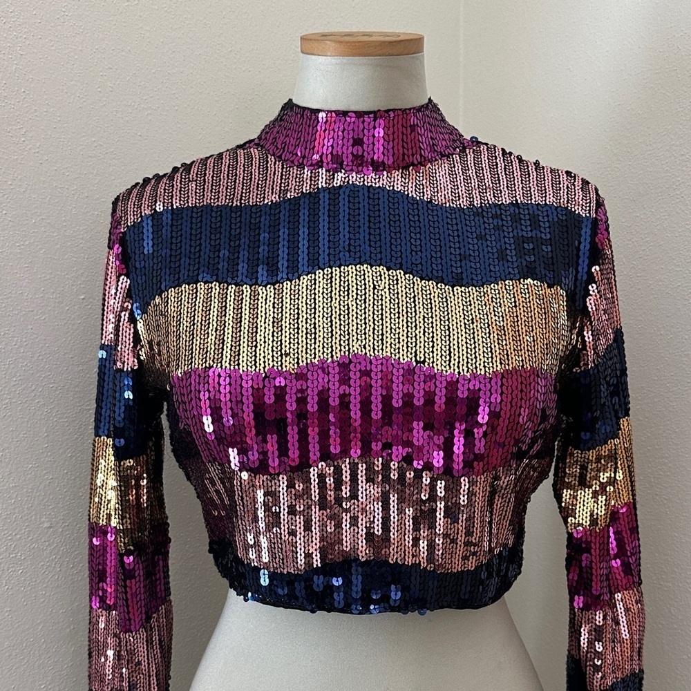 Sequin long sleeve back zip small s striped pink blue gold